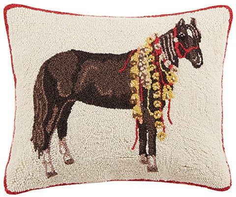 Black Horse with Christmas Bells Hooked Wool Lumbar Pillow - 16" x 20"