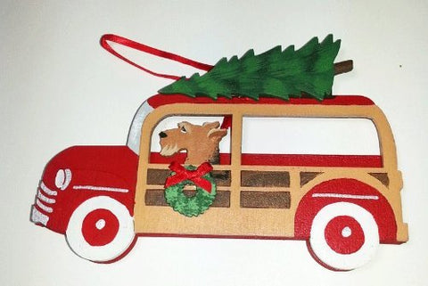 Airedale Terrier Dog Vintage Retro Woodie Station Wagon Hand Painted 3-dimensional Christmas Ornament - USA Made.