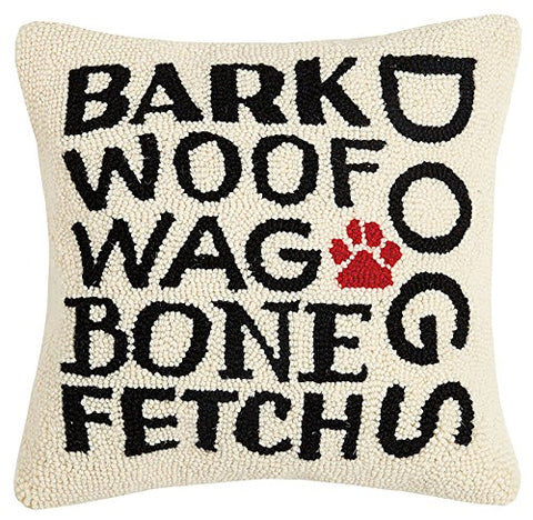 Bark Woof Wag Dog Lover Hooked Wool Throw Pillow - 16" x 16"