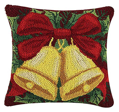 Peking Handicraft Festive Christmas Bells Hooked Wool Throw Pillow - 18" x 18"