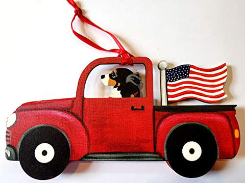 Dandy Design English Bulldog Dog Retro Flag Truck Wooden 3-Dimensional Christmas Ornament - USA Made.