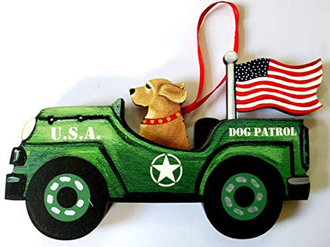 Dandy Design Golden Retriever Dog Retro Flag Jeep Patrol Wooden 3-Dimensional Christmas Ornament - USA Made.