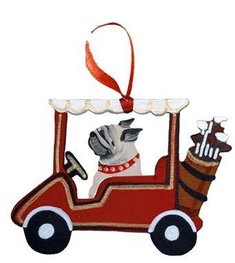 Golf Cart Dog Wood 3-D Hand Painted Ornament - Fawn Pug