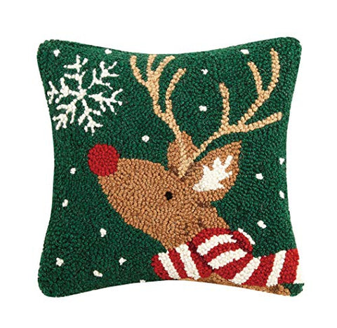 Evergreen Snowflake Reindeer Christmas Hook Pillow - 10" x 10"