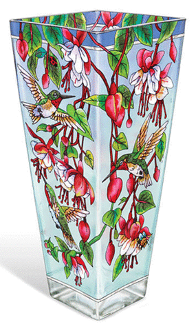 Hummingbirds and Fuschias Handpainted Art Glass Vase