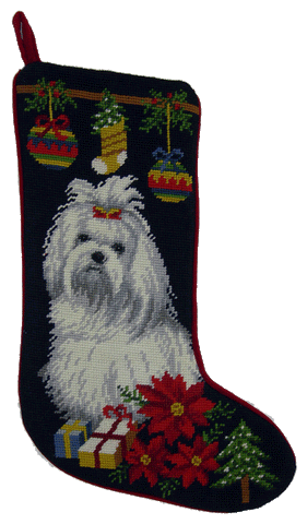 Holiday Maltese Dog Christmas Needlepoint Stocking - 11" x 18"