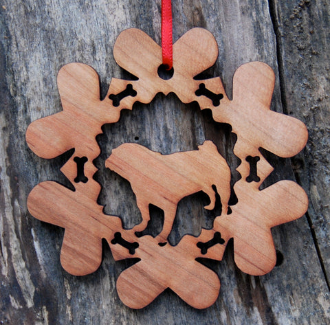 Cherry Wood Laser Cut Dog Bone Snowflake Christmas Ornament - Pug