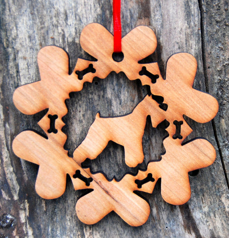 Cherry Wood Laser Cut Dog Bone Snowflake Christmas Ornament - Schnauzer