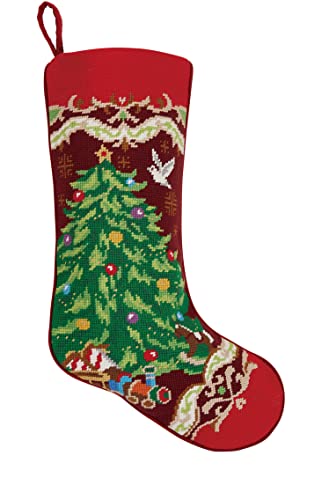 Peking Handicraft Xmas Tree Embroidered Christmas Stocking, 18-inch Length, Poly and Cotton Velvet, Holiday Seasonal Decoration