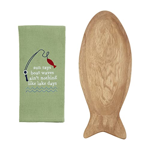 Mud Pie Paulownia Fish Board and Towel Set, Green, 16" x 25"