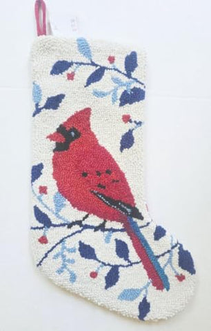 Chinoiserie Red Blue Winter Cardinal Hook Wool Christmas Stocking