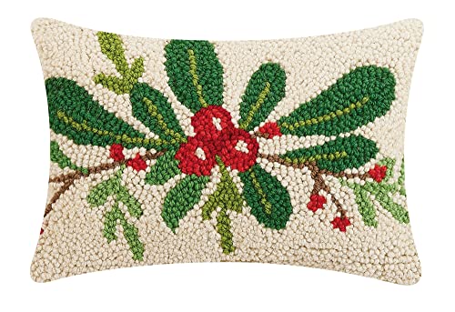 Peking Handicraft Holiday Foliage Christmas Polyfill Hook Throw Pillow, 12-inch Square, Wool and Poly Velvet, Holiday Seasonal Decoration