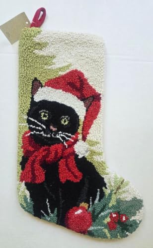 Peking Handicraft Black Cat Santa and Tree Hook Wool Christmas Stocking
