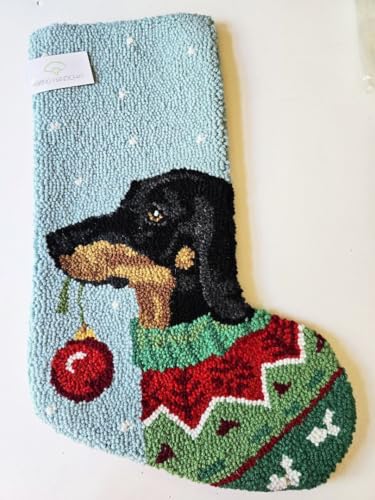 Peking Handicraft Smooth Coat Black Tan Dachshund Dog Hooked Christmas Stocking- Wool 21"