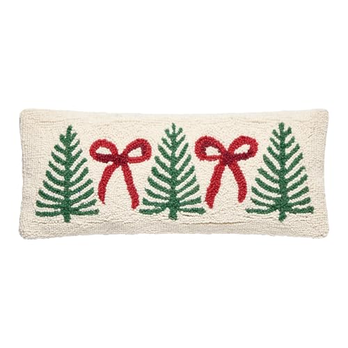Peking Handicraft Christmas Tree & Bow Hook Pillow, 1 Piece, 20 Inches, Cream Green Red Multi