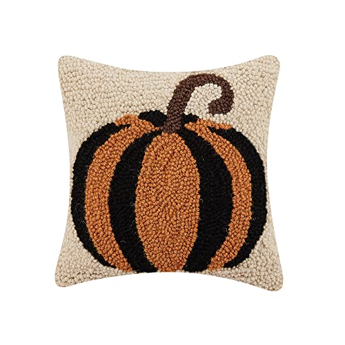 Peking Handicraft Pumpkin Hook Polyfill Hook Throw Pillow, 10-inch Square, Wool and Poly Velvet, Holiday Seasonal Decoration