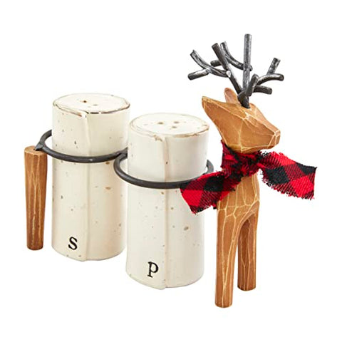 Mud Pie Mud PUE Salt and Pepper Set, deer 5 3/4" x 5" | shaker 3 1/2" x 1 3/4" dia, Brown