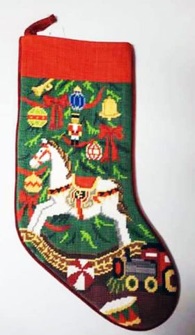 Peking Handicraft Rocking Horse Tree Embroidered Christmas Stocking - 18" x 11"