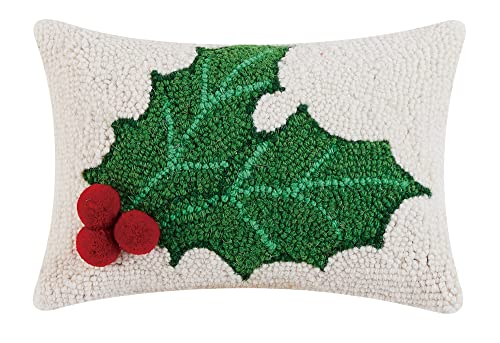 Peking Handicraft Holly with Pompom Christmas Polyfill Hook Throw Pillow, 12-inch Square, Wool and Poly Velvet, Holiday Seasonal Decoration