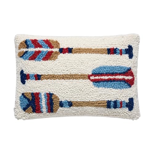 Peking Handicraft Oar Stripe Hooked Throw Pillow, 1 Piece, 12 Inches, Ivory, Blue, Red and Tan