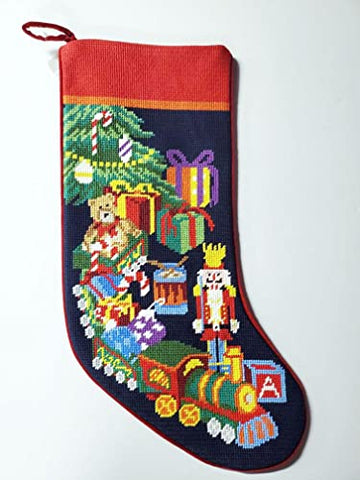Peking Handicraft Toy Train Gifts and Tree Embroidered Christmas Stocking - 18" x 11"