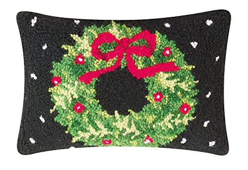 Peking Handicraft Holiday Wreath Christmas Polyfill Hook Throw Pillow, 12-inch Length, Wool and Poly Velvet, Holiday Seasonal Decoration