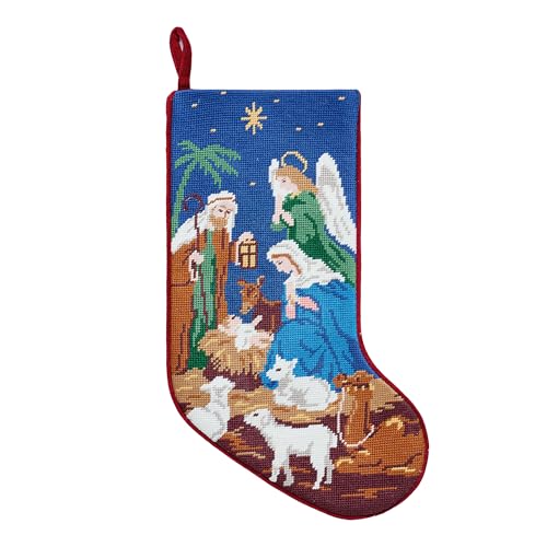 Peking Handicraft Nativity Embroidered Needlepoint Christmas Stocking, 1 Set, 18 Inches, Multicolor