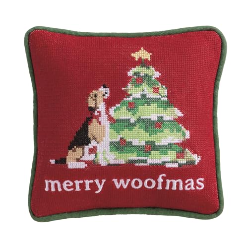 Mud Pie Christmas Merry Woofmas Needlepoint Pillow, 8" x 8", RED