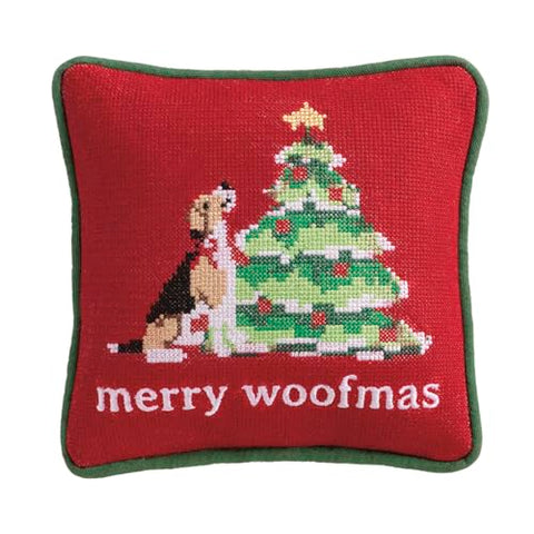 Mud Pie Christmas Merry Woofmas Needlepoint Pillow, 8" x 8", RED