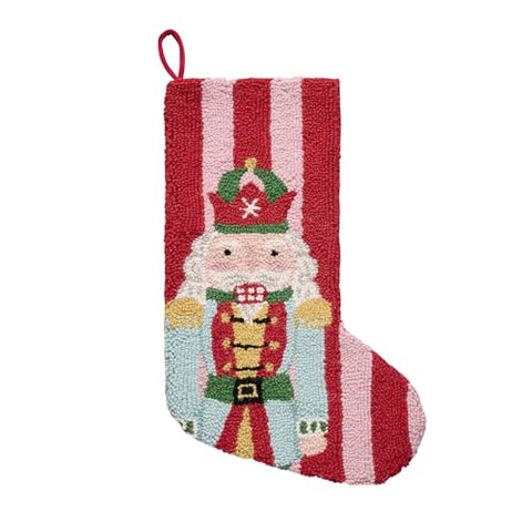 Peking Handicraft Nutcracker Striped Hook Christmas Stocking, Holiday Stocking, 1 Piece, 20 Inches, Red Pink Multi