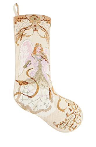 Peking Handicraft Angel with Violin Embroidered Christmas Stocking, 18-inch Length, Poly and Cotton Velvet, Holiday Seasonal Decoration