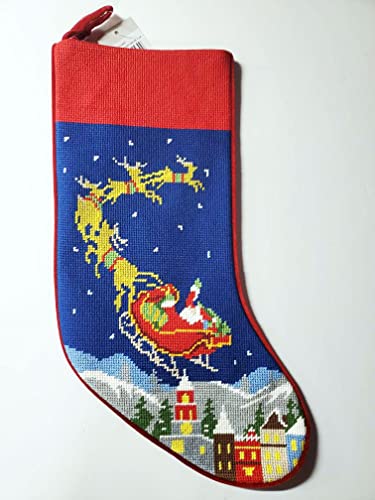 Peking Handicraft Santa Sleigh Reindeer Embroidered Christmas Stocking - 18" x 11"