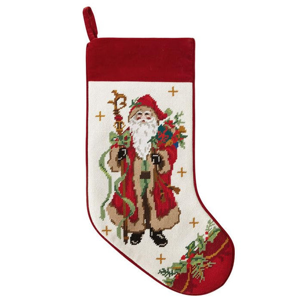 Peking Handicraft Santa with Staff Embroidered Needlepoint Stocking, 18-Inch, Multicolor