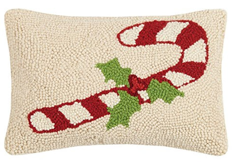 Candy Cane Holly Mini Christmas Wool Hooked Pillow - 8" X 12"