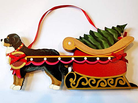 Dandy Design Bernese Mountain Dog Sleigh Pull Wooden 3-Dimensional Christmas Ornament - USA Made.