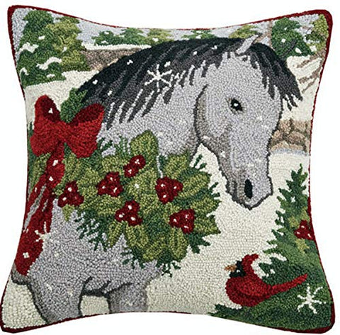 Grey Holiday Horse Christmas Holly - 18" Hooked Wool Pillow