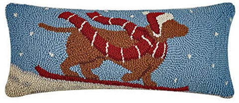 Peking Handicraft Red Dachshund Dog Downhill Sled - 8" x 20" Hooked Wool Pillow