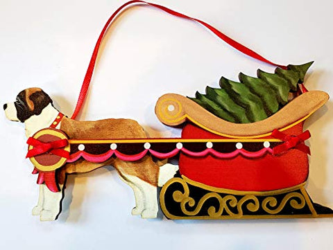 Dandy Design Saint Bernard Dog Sleigh Pull Wooden 3-Dimensional Christmas Ornament - USA Made.