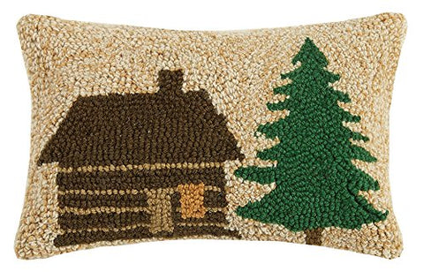 Rustic Log Cabin Pine Tree Hooked Wool Pillow - 12" x 8"