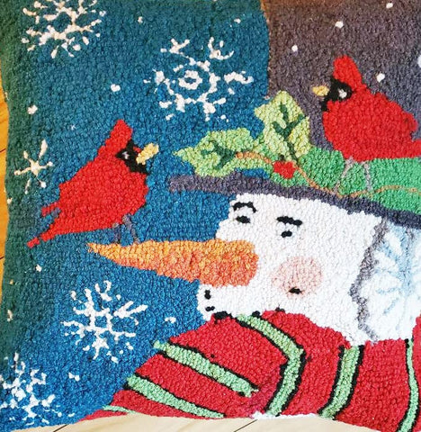Peking Handicraft Holiday Cardinal Snowman Hooked Pillow 18"