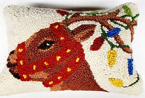 Peking Handicraft Festive Christmas Lights Reindeer Hooked Wool Throw Pillow - 8" x 12"