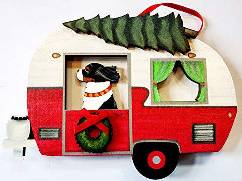 Dandy Design Cavalier King Charles Spaniel Vintage Camper Trailer Wooden Hand-Painted 3-Dimensional Christmas Ornament - USA Made.