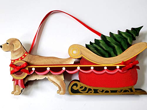 Dandy Design Golden Retriever Dog Sleigh Pull Wooden 3-Dimensional Christmas Ornament - USA Made.