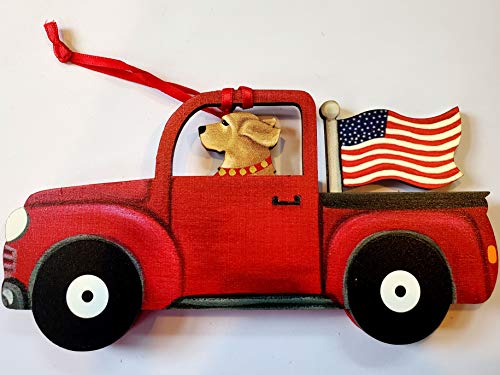 Dandy Design Golden Retriever Dog Retro Flag Truck Wooden 3-Dimensional Christmas Ornament - USA Made.