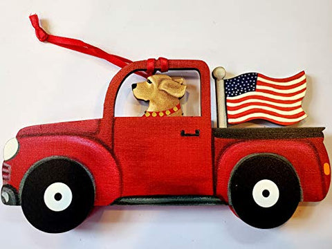 Dandy Design Golden Retriever Dog Retro Flag Truck Wooden 3-Dimensional Christmas Ornament - USA Made.