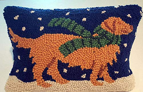 Peking Handicraft Holiday Scarf Winter Golden Retriever Dog Mini Hooked Wool Pillow – 8” x 12”