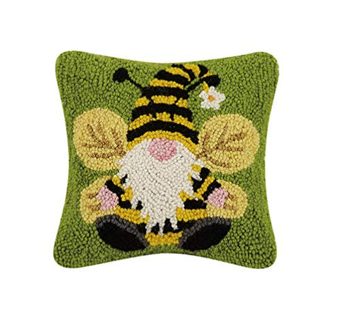 Peking Handicraft Garden Bee Gnome Hooked Wool Pillow - 10" x 10"