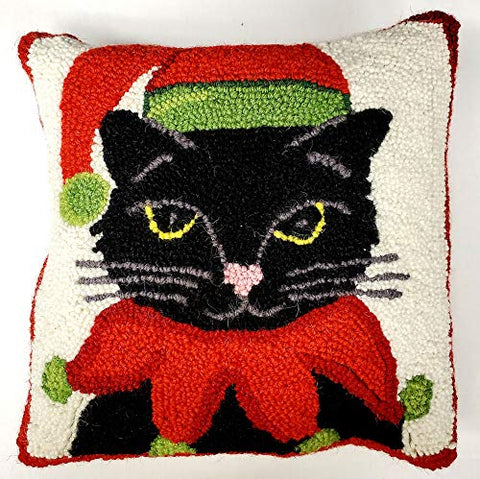 Peking Handicraft Christmas Santa Cat Elf Hook Pillow - 12" x 12"