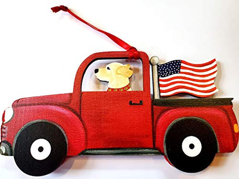 Dandy Design Yellow Labrador Retriever Dog Retro Flag Truck Wooden 3-Dimensional Christmas Ornament - USA Made.