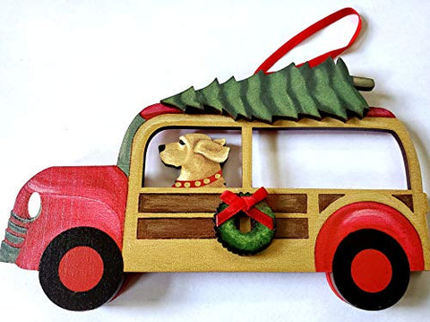Dandy Design Golden Retriever Dog Woody Woodie Car Wooden 3-Dimensional Christmas Ornament - USA Made.